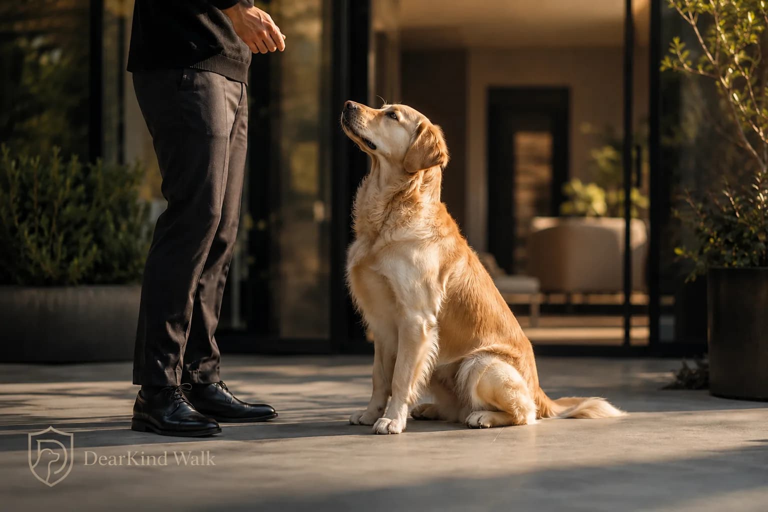 A dog calmly focused on its handler during reward-based training